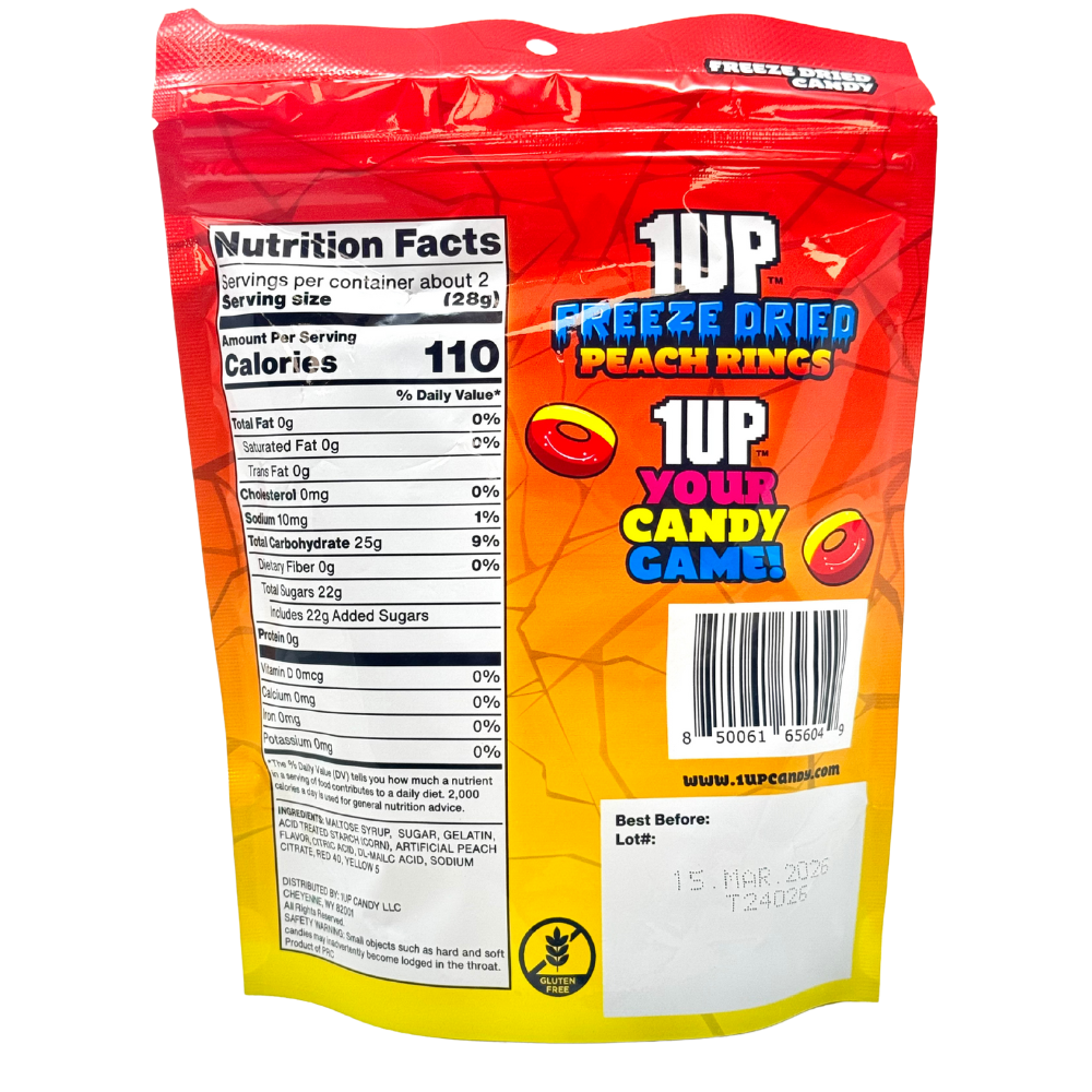 1UP Freeze Dried Peach Rings 2oz - 1 Bag