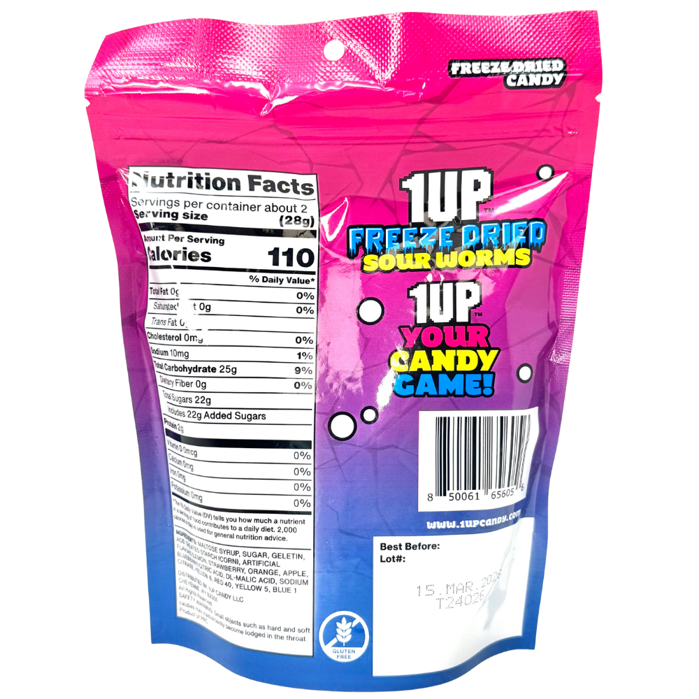 1UP Freeze Dried Sour Worms 2oz - 1 Bag