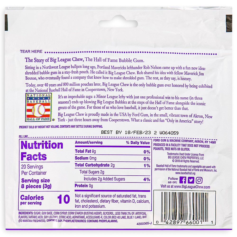 Big League Chew Bubble Gum-Ground Ball Grape - 12 Pack - Ingredients - Nutrition Fats