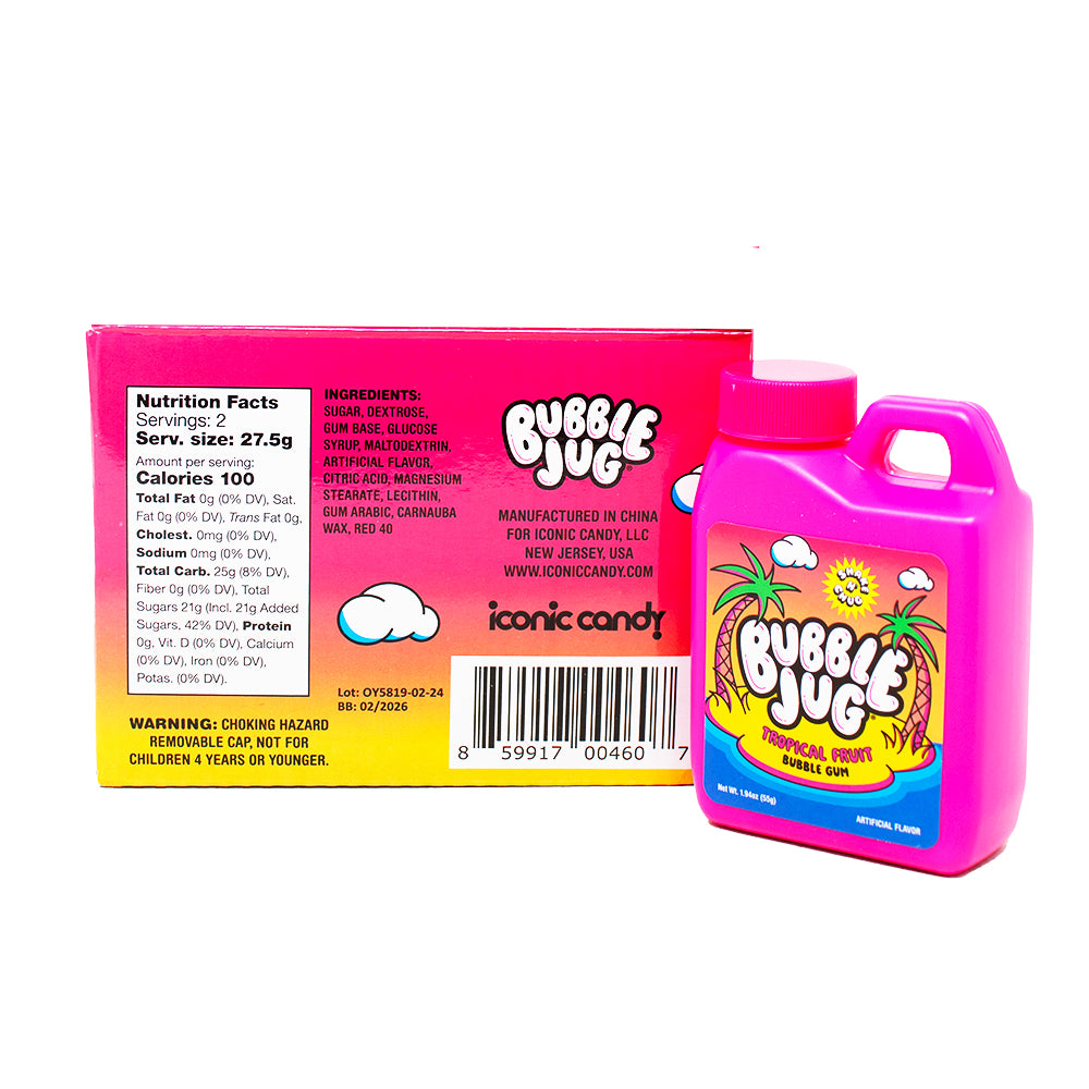 Bubble Jug Tropical Fruit Bubble Gum 1.94oz - 12 Pack Nutrition Facts Ingredients