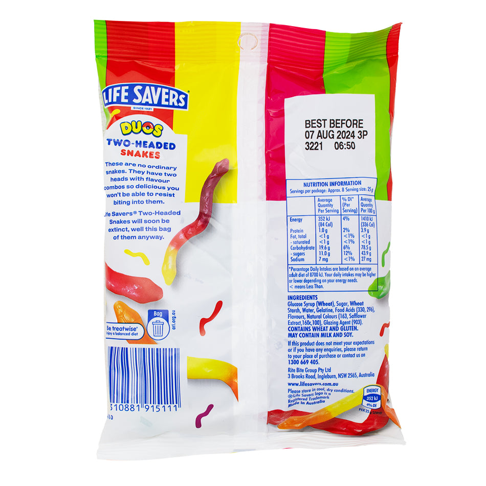 Lifesavers Duos Two-Headed Snakes (Aus) 192g - 12 Pack Nutrition Facts Ingredients