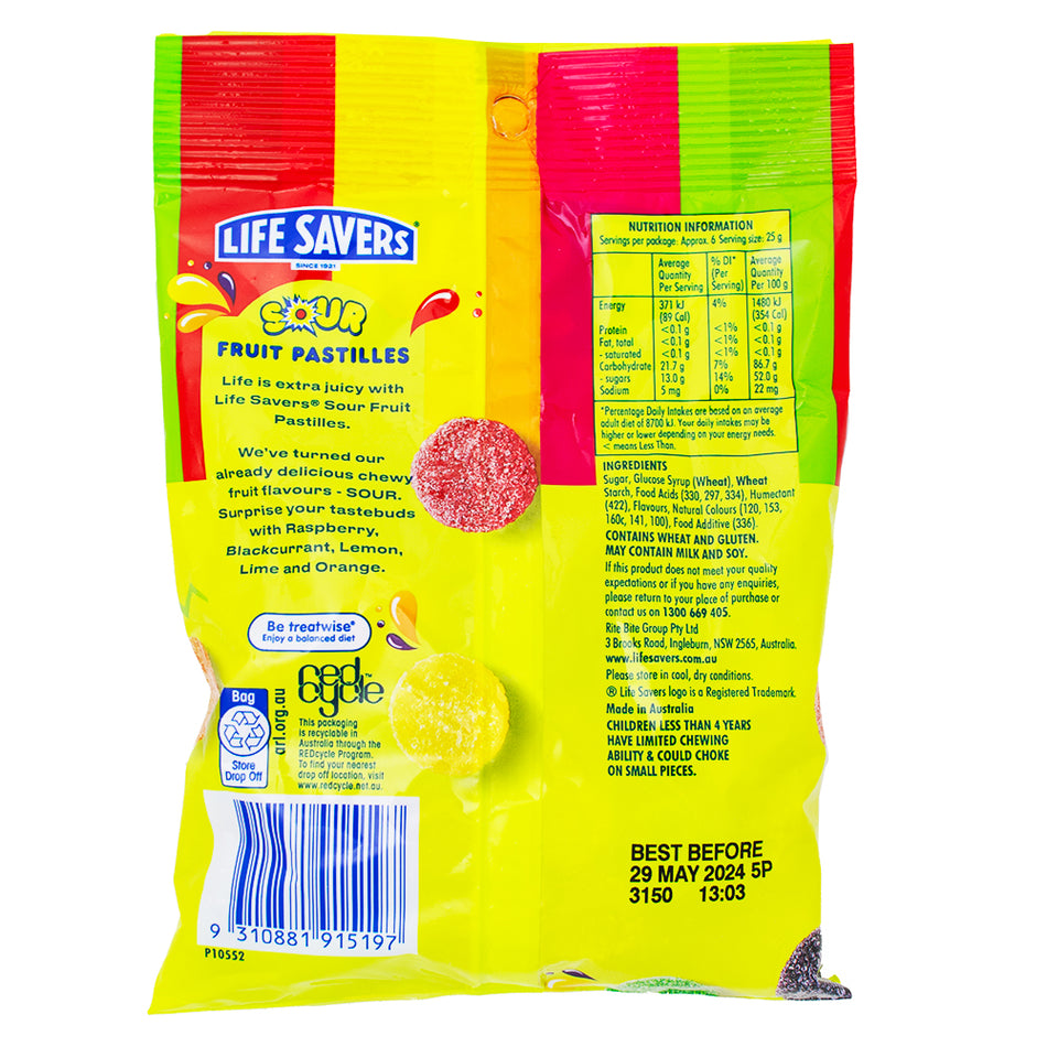 Lifesavers Sour Fruit Pastilles (Aus) 170g - 12 Pack Nutrition Facts Ingredients