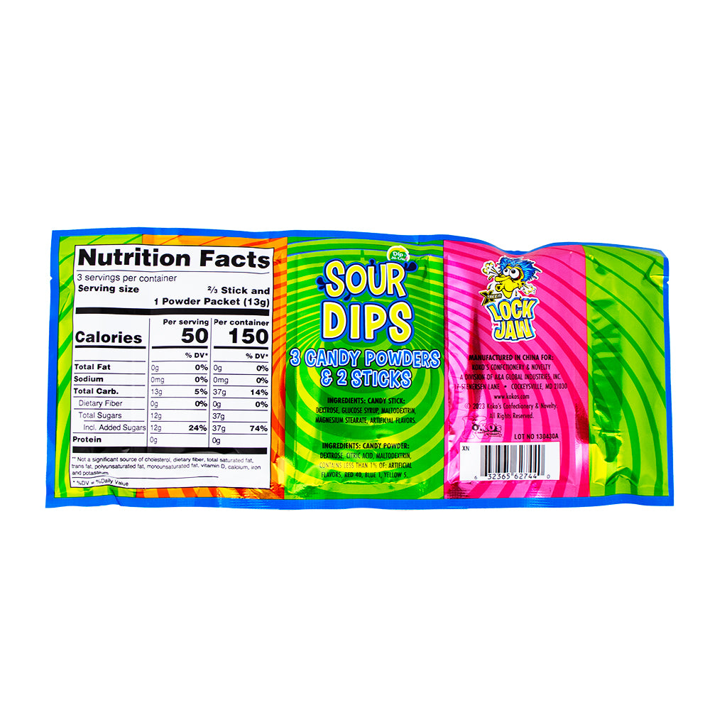 Lock Jaw 3 Piece Dips Sour Powder Sticks 1.41oz - 18 Pack  Nutrition Facts Ingredients