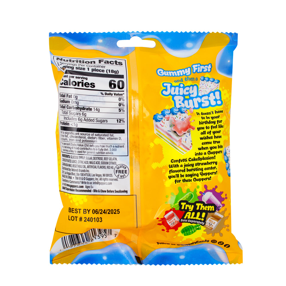 Gupperz Confetti Cake Splosion 2.54oz  - 12 Pack - Gummy Candy  Nutrition Facts Ingredients