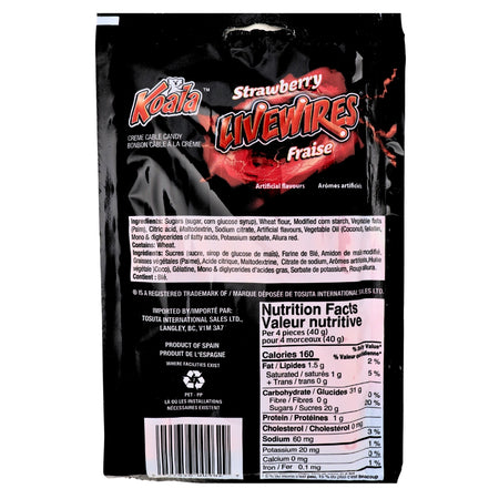 Koala Livewires Strawberry Cream Cables Candy 100g - 18 Pack Nutrition Facts Ingredients