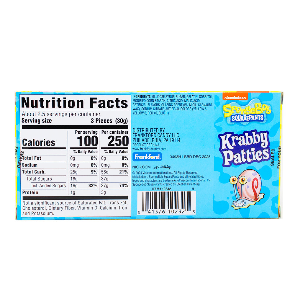 SpongeBob SquarePants Gummy Krabby Patties Candy Theater Box 2.54 oz. - 12 pack  Nutrition Facts Ingredients