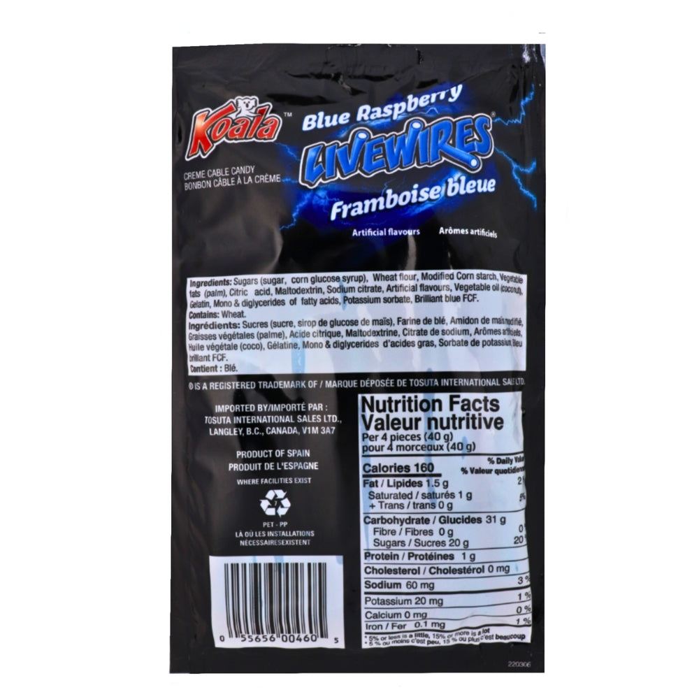 Koala Livewires Blue Raspberry Cream Cables 100g - 18 Pack Nutrition Facts Ingredients