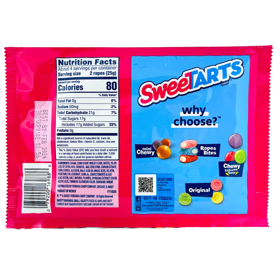 Sweetarts Soft & Chewy Ropes Sour Apple 255g - 12 Pack *BB Jan 2023* Nutrition Facts Ingredients