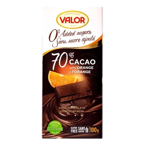 Valor No Sugar Added Dark Chocolate (70% Cocoa) with Orange 100g - 17 ...